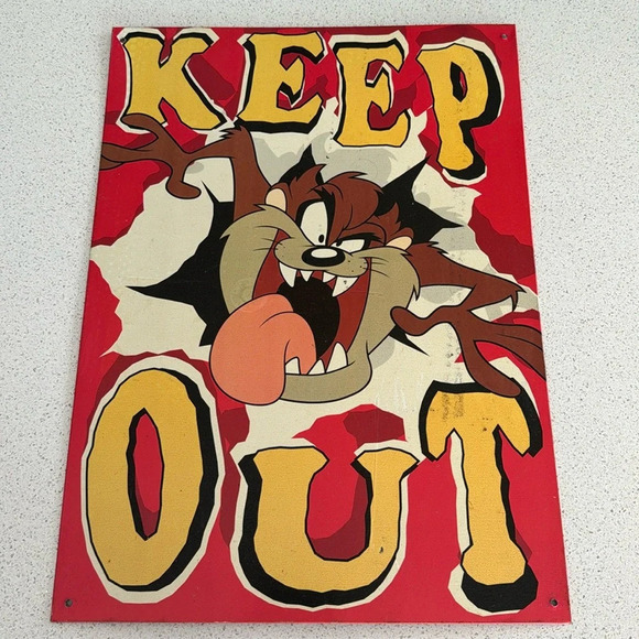 Vintage Taz Tasmanian Devil Tin Metal Keep Out Sign 12.5x17.25” 1997 Looney Tune - Picture 1 of 7